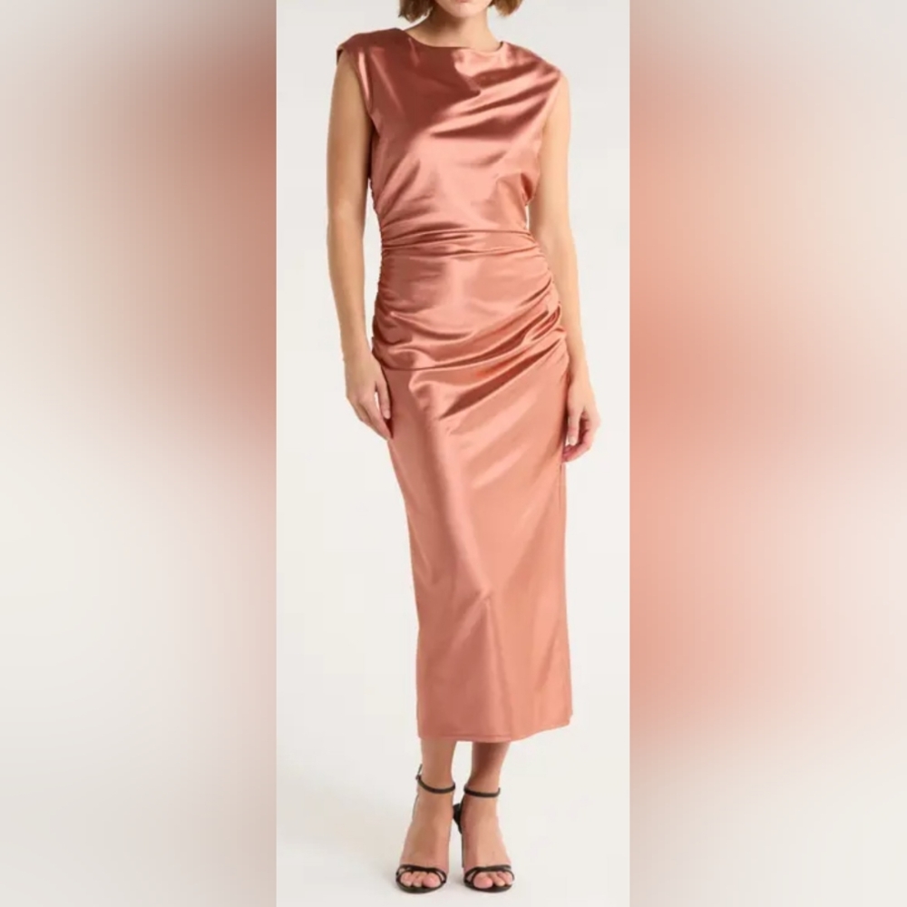Chelsea28 Women's Ruched Cap Sleeve Satin Midi Dress